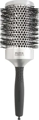 A professional studio shot of a round hairbrush.