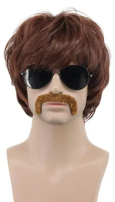 Obrázok produktu pre Paruka pánska, krátka, rovná, hnedá, štýl rockera, s fúzikami, vhodná na 70. a 80. roky, na Halloween, kostým alebo cosplay
