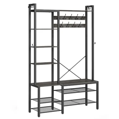 Obrázek produktu pro VASAGLE věšák s lavicí na boty, 5 policových úrovní, 9 trojitých háčků, 6 bočních háčků, 40x120x190 cm, kamenná šedá-inková černá