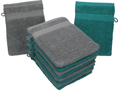 Produktbild von Betz 10 Stück Waschhandschuhe 16x21 cm PREMIUM 100% Baumwolle  Farbe: smaragdgrün und anthrazit