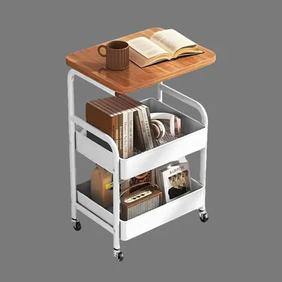 Produktbild von Rollbarer Couchtisch & Aufbewahrungswagen - Wohnzimmermöbel - Metallrahmen aus Eisen - Rechteckig - Mit Rollen - Minimalistisches Design - Montage erforderlich - Weiß