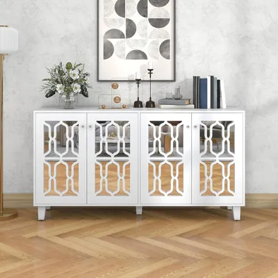 Produktbild von Sideboard Kommode Anrichte mit 4 Türen & Spiegel-Fronten, Kristall-Griffe, Modernes Design für Wohnzimmer Esszimmer Flur, 160x40x84 cm, Weiß