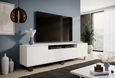 Produktbild von TV-Schrank 180 cm, Fernsehtisch, Lowboard, Mattweiß, schwarze Metallfüße, Modernes Design, "Masimo"