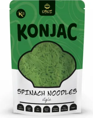 Produktbild von Keto Pasta Konjak Konjac USUI glutenfreie -Konjak-Nudeln mit eingelegtem Spinat | 270 g (9 kcal, 0 g Kohlenhydrate)