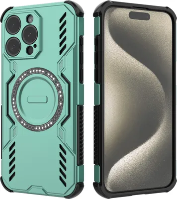 Produktbild von Magnetisch Hülle für iPhone 15 Pro Max, Hybrid PC TPU Bumper Stoßfestes Loch Wärmeableitung Handyhülle Grün