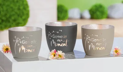 Produktbild von Gilde Windlicht, "Pusteblume", Pusteblumenmotiv, Spruch, Metall, beige, grau, H. 8.5 cm, D. 10 cm 52723 4063387527238 3 Stück (3-fach sortiert)