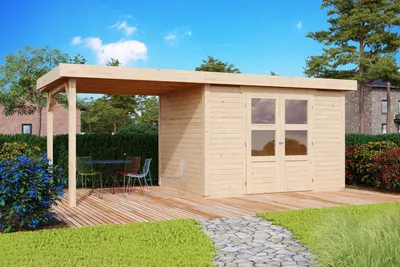 Produktbild von Karibu Gartenhaus "Calabar 2" SET naturbelassen mit Boden, Anbaudach 2,40 m Breite, Dachfolie