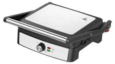 Kontaktgrill 60–200 °C, 180° aufklappbar, Fettauffangschale, silber