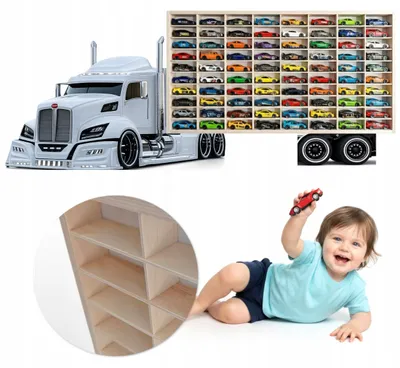 Modellauto-Regal für 80 Autos 1:64 – Wandregal & Setzkasten für Spielzeugautos, US-Truck-Motiv, Weiß, Birken-Sperrholz, links – mit Modellautos an der Wand