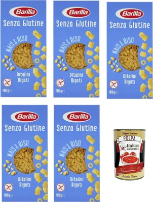 Produktbild von 5x Barilla Ditalini Rigati 400g senza Glutine Glutenfrei pasta nudeln, Pasta aus weißem Mais, gelbem Mais und braunem Reis + Italian Gourmet polpa 400g