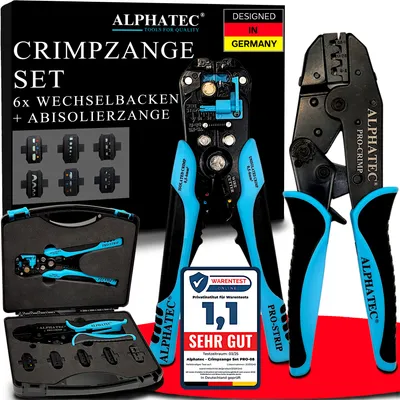 Produktbild von ALPHATEC® 8-teiliges Crimpzange Set mit Wechselbacken inkl. automatische Abisolierzange - [0,25-10mm²]  - Kabelschuhe, Aderendhülsen, MC4 PV Solar