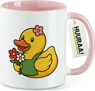 Produktbild von Huuraa Kaffeetasse Quietscheente Floristin Gummiente Gärtnerin 330ml Rosa Keramik Kaffeebecher Geschenkidee