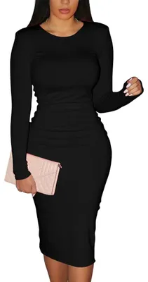Produktbild von XXTAXN Damen y Bodycon Langarm Rundhals Arbeit Büro Midi Bleistiftkleid, Schw