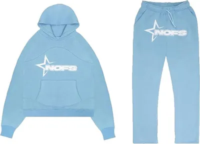 Obrázek produktu pro ASKSA Tepláková souprava s potiskem nápisu Kalhoty na běhání Y2K Hip Hop Hoodie Streetwear, světle modrá, M