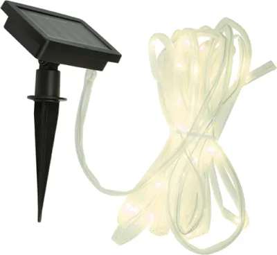 A solar-powered LED light string with a solar panel and stake.