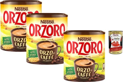 Produktbild von Italian Gourmet Orzoro Orzo & Kaffee Solubile 3 x 120 g, Instant Getränk aus Gerste & Kaffee, löslich für Tasse oder Latte, intensiver Geschmack, warm oder kalt + Italian Gourmet polpa