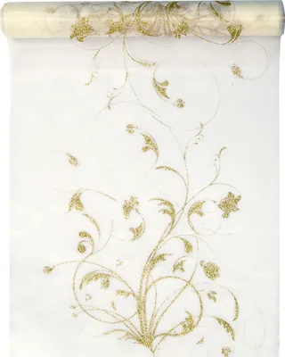 Image de Chemin de table Organza 9m x 36cm motif floral, crème / or