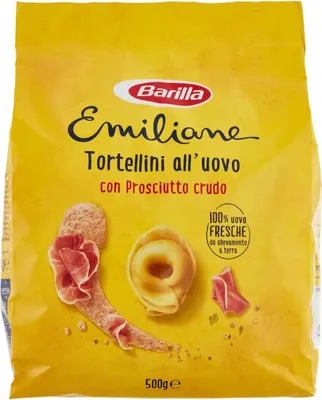 Produktbild von Emiliane Barilla Pasta all'Uovo Ripiena Tortellini con Prosciutto Crudo Gefüllte Eiernudeln mit Rohschinken Nudeln 500g Packung