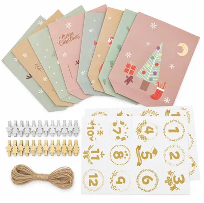 Adventskalender zum Befüllen, 24 Papier-Tütchen, Weihnachtsmotiv