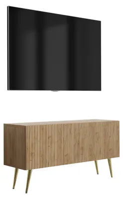 Produktbild von TV-Schrank mit geriffelter Front, Eiche Craft, goldfarbene, schräge Beine, 100 × 32 × 52 cm
