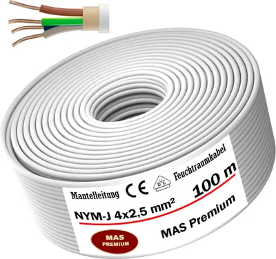 Obrázok produktu pre Kábel odolný proti vlhkosti Napájací kábel Kábel s plášťom 100 m NYM-J 4x2,5 mm² Elektrický kábel
