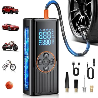 Produktbild von Elektrische Luftpumpe, Tragbarer 150PSI Luftpumpe mit 8000-mAh-Akku, Elektrische Luftpumpe mit Digitalanzeige und LED-Licht für Auto/Motorrad/Fahrrad
