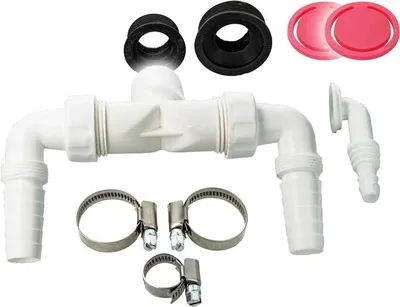 A collection of plumbing fittings and clamps for a washing machine or dryer connection.