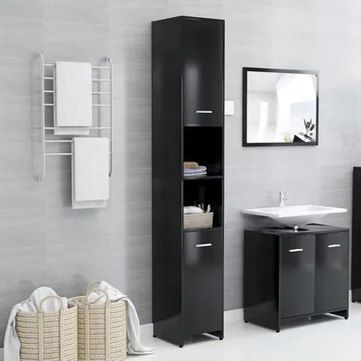Image de Armoire de salle de bain - Meuble de rangement pour buanderie - Organisateur de salle de bain - 6 compartiments - 30x30x1835 cm - Noir