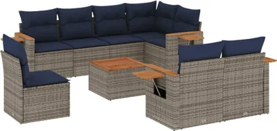 Produktbild von 9-tlg. Garten-Sofagarnitur mit Kissen Grau Poly Rattan