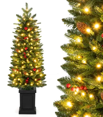 Obrázek produktu pro Umělý vánoční stromek COSTWAY, výška 120 cm, v květináči, s osvětlením, mini smrk s větvičkami, LED světýlky, šiškami a červenými bobulemi, vánoční stromek