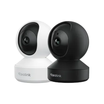 Two Reolink security cameras, one white and one black, are shown side-by-side against a white background.