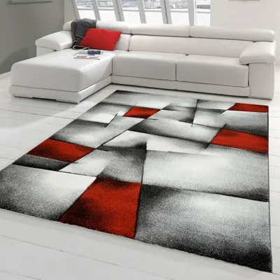 Produktbild von Designer Teppich Moderner Teppich Wohnzimmer Teppich Kurzflor Teppich mit Konturenschnitt Karo Muster Rot Grau Weiß Schwarz Größe - 120 x 170 cm