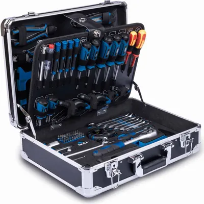 Produktbild von Scheppach TB200 Aluminium Werkzeugkoffer gefüllt 141-tlg Werkzeug Set | Werkzeugkiste bestückt| Schraubenschlüssel, Hammer, Zange, Schraubenzieher