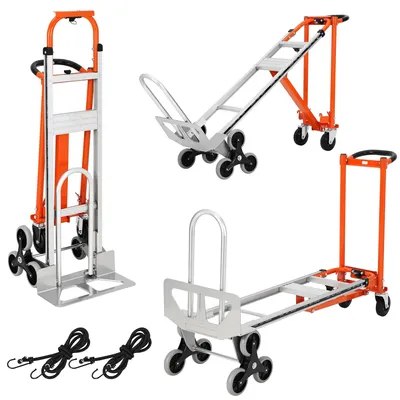 Immagine prodotto di Carrello per il trasporto di scale - Carrello pieghevole 3-in-1 - Ruote per scale - Capacità di carico: 350 kg - Alluminio - Cinghia elastica - Arancione