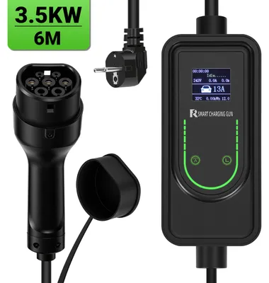 Zdjęcie produktu dla ISOISL Mobilna stacja ładowania 3,5 kW, 230 V, Typ 2, kabel ładowania 6 m, wtyczka Schuko 6-16 A (regulowana), przenośna ładowarka do samochodów elektrycznych z funkcją zapamiętywania ustawień