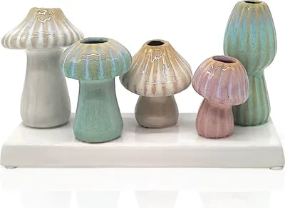 Produktbild von 5 Väschen "Pilz" auf  Tablett aus Keramik multicolor