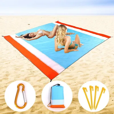 Produktbild von Strandmatte, Strandmatte groß, 200 cm x 210 cm, Stranddecke für Camping, wasserdicht, sanddicht, tragbares Strandlaken mit Tasche, tragbare faltbare Strandtuchmatte für Camping, Wandern