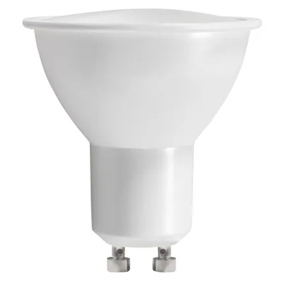 A white LED light bulb with a GU10 base is shown against a white background.