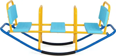 Produktbild von 3 Sitzer Kinder Wippe mit Rückenlehnen und Griffe, Schaukelwippe Metall 136x60x39cm, Karusselwippe Gartenwippe für Indoor und Outdoor, für Kinder 3-8 Jahren (Blau)