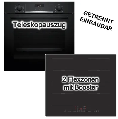 Produktbild von Herdset Bosch Einbaubackofen Teleskopauszug Hydrolyse ecoClean + PKM Induktionskochfeld Booster Flex-Zonen