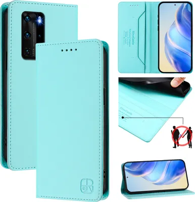Produktbild von Lederhülle für Huawei P40 Pro Hülle Flip Brieftasche Kartenfächern Ständer Schutzhülle Türkis