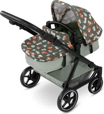 A baby stroller with a patterned canopy and seat.