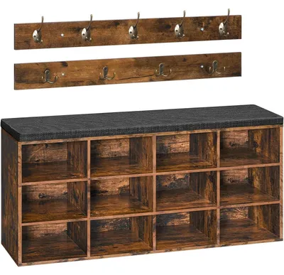 Obrázok produktu pre Sada organizérov do šatníka pozostávajúca z políc na topánky s 12 priehradkami a 9 háčikmi, vintage hnedá farba, rozmer 100x30x48 cm