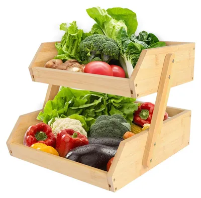 Immagine prodotto di Cesto per frutta - Portafrutta in bambù a 2 piani - Portaoggetti da cucina - Grande capacità - Ideale per frutta, verdura e snack