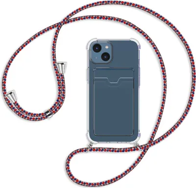 Produktbild von Handykette Backcover-Schutzhülle mit Band (Metall silberfarben) für Apple iPhone 14 (6.1'') - silber/blau/rot
