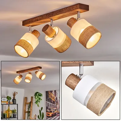 Produktbild von Frazzanò moderne Deckenlampe aus Holz/Metall/Leinen in Dunklebraun/Chrom/Weiß