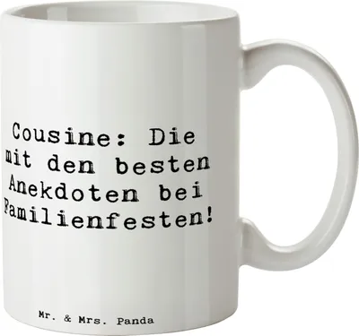 Produktbild von Mr. & Mrs. Panda Kaffeetasse Spruch Cousine Anekdoten - Weiß - Geschenk, haferl, schöne tasse, Erinnerungen, Geschenke, Bindung, Erzählkunst, Gelächter, Familienfest