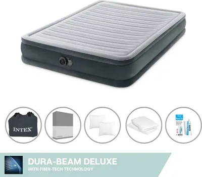 Produktbild von Intex Luftbett - 2 Personen - 152 x 203 x 33 cm - Grau - Mit eingebauter Pumpe + Spannbettlaken Anthrazit + Kopfkissen + Molton 2 in 1 Kissenbezüge + Reperaturset