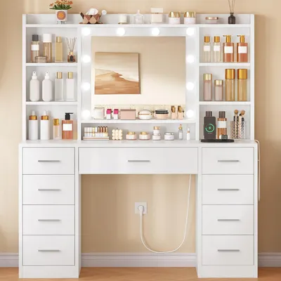 Image de Table de maquillage avec miroir et station de charge intégrée, de couleur blanche, avec 9 tiroirs, 7 compartiments de rangement et un éclairage LED réglable
