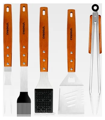Produktbild von Grillbesteck Set, 5-teiliges Edelstahl BBQ Grillwerkzeug mit robustem Holzgriff, Grillzubehör für Männer